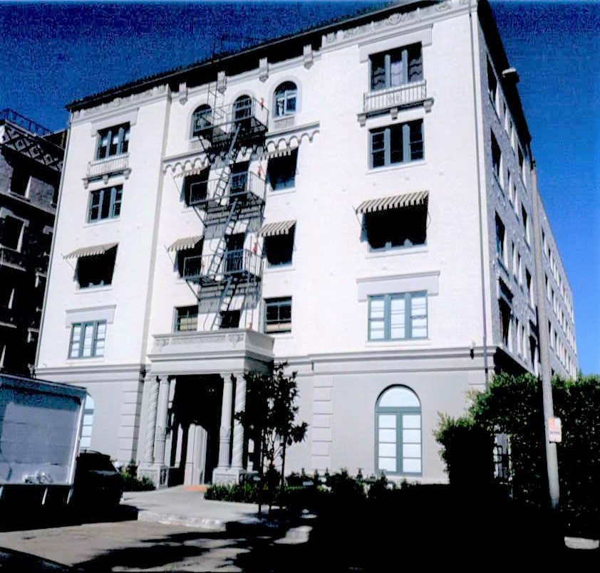 Front view of resotred Commodore Apartments.